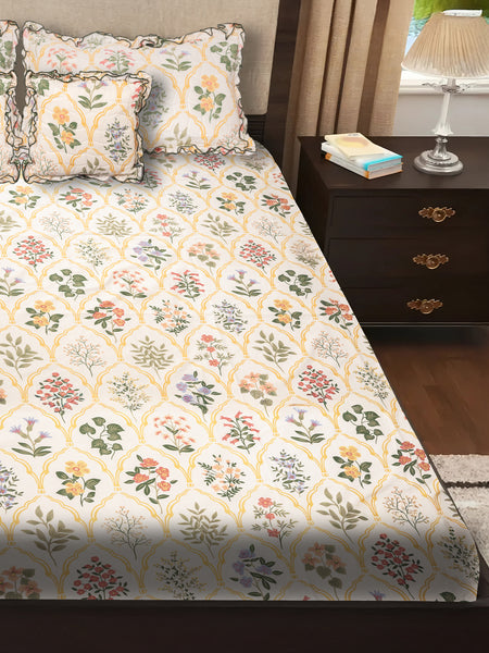Elegant 5-Piece Quilted Bedding Set | King Size | Light Cream with Vintage Yellow, Green & Pink Floral Print