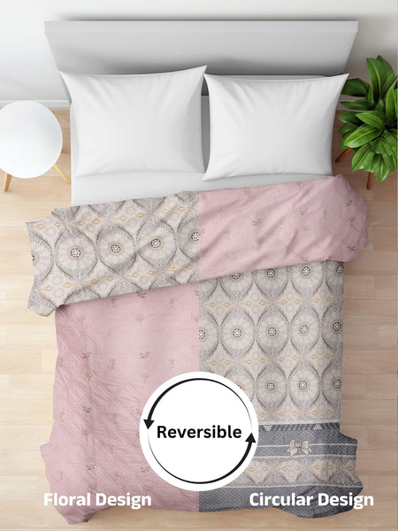 Ultrasonic Reversible Comforter – Baby Pink & Grey (Floral & Circular Patterns) | King Size (90x100 inches)