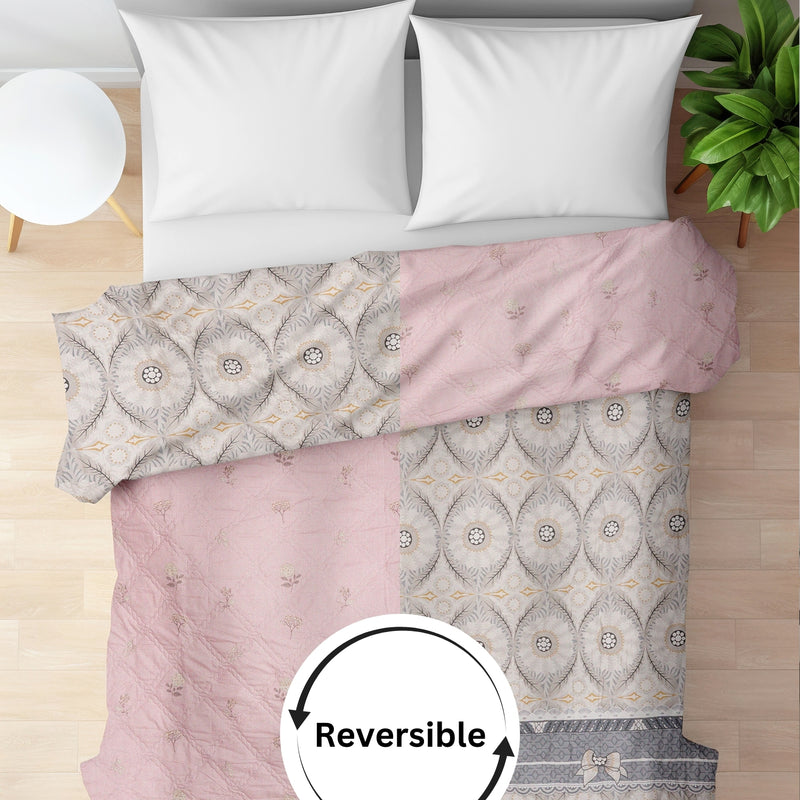 Ultrasonic Reversible Comforter – Baby Pink & Grey (Floral & Circular Patterns) | King Size (90x100 inches)