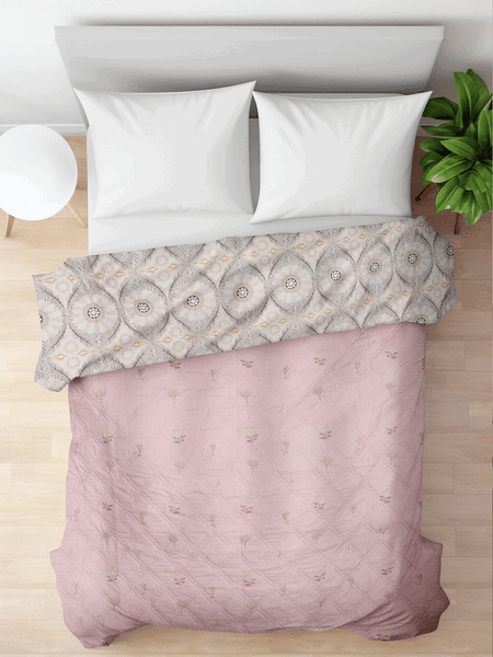 Ultrasonic Reversible Comforter – Baby Pink & Grey (Floral & Circular Patterns) | King Size (90x100 inches)