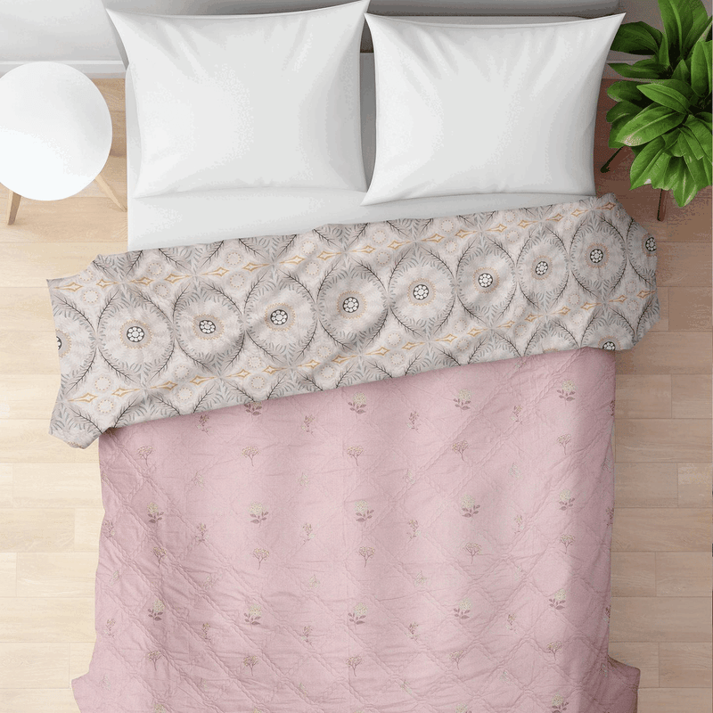Ultrasonic Reversible Comforter – Baby Pink & Grey (Floral & Circular Patterns) | King Size (90x100 inches)