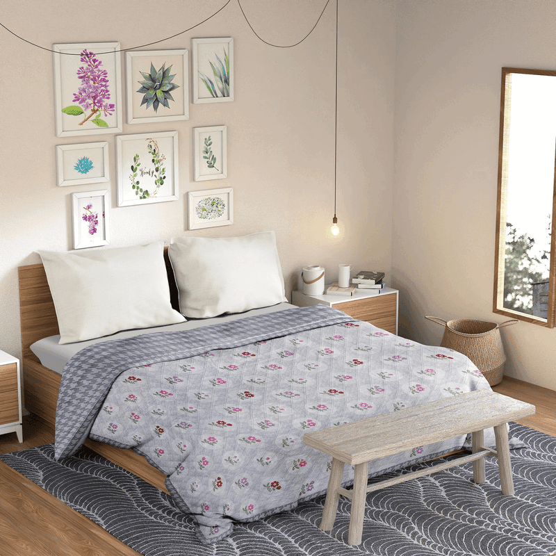 Ultrasonic Reversible Comforter – Floral & Houndstooth (Grey & White) | Queen Size (90x90 inches)