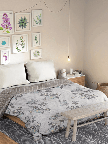Ultrasonic Reversible Comforter – Floral & Geometric Lattice (Cream & Grey) | Queen Size (90x90 inches)