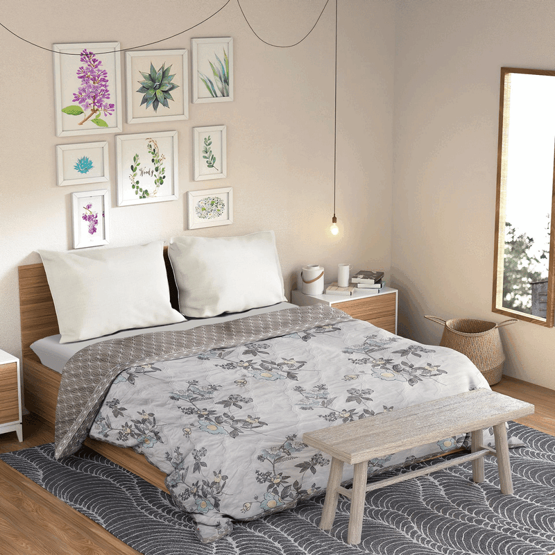 Ultrasonic Reversible Comforter – Floral & Geometric Lattice (Cream & Grey) | Queen Size (90x90 inches)
