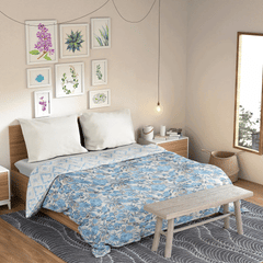 Ultrasonic Reversible Comforter – Classic Blue Blooms & Geometric Charm (Blue & Cream) | Queen Size (90x90 inches)