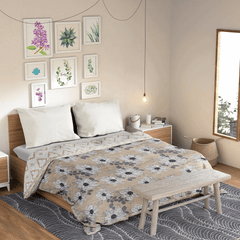 Ultrasonic Reversible Comforter – Floral Stripes & Geometric (Tan & White) | Queen Size (90x90 inches)