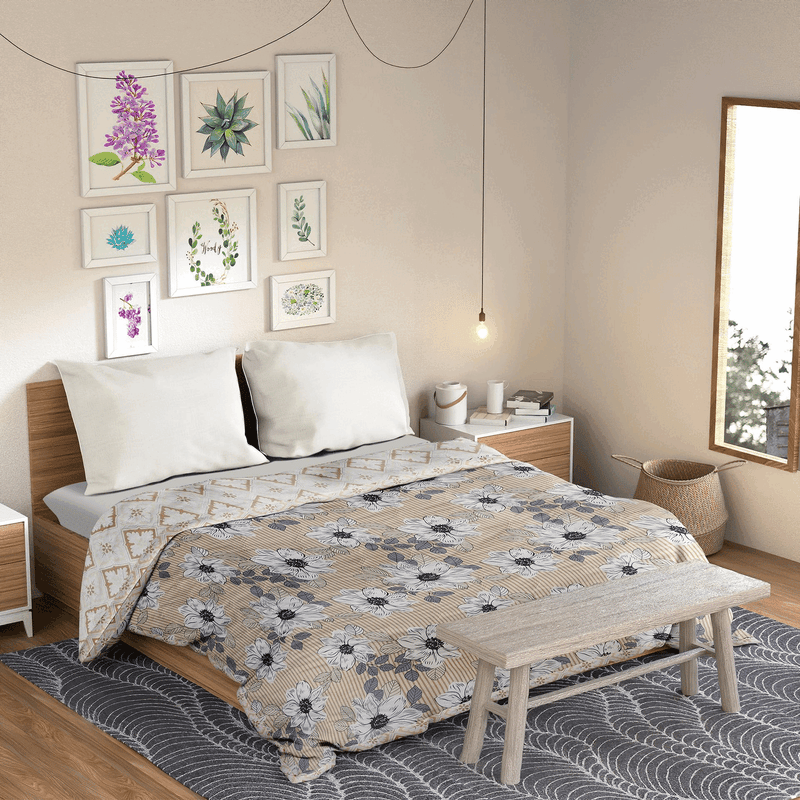 Ultrasonic Reversible Comforter – Floral Stripes & Geometric (Tan & White) | Queen Size (90x90 inches)